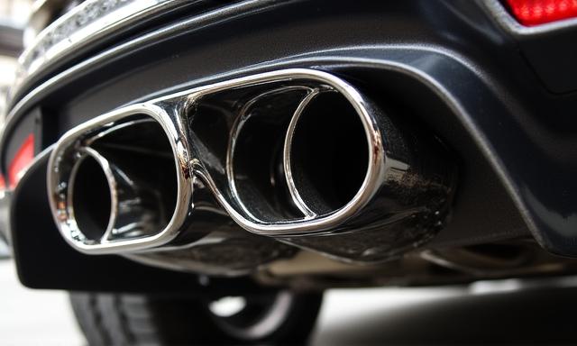 Glimmend roestvrijstalen custom uitlaatsysteem onder een auto